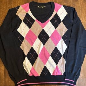 Ben Hogan Size Large Golf Preppy Pullover Sweater Pink Black Plaid Winter